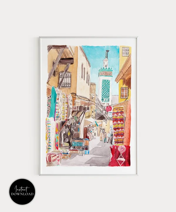 Fez City Watercolor Art Print, Morocco Wall Decor