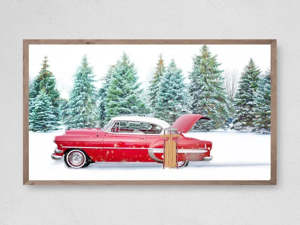 Vintage Car Christmas Art Print, Winter Holiday Decor