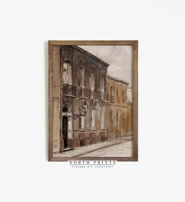 Vintage Paris Street Art Print, Neutral Watercolor Cityscape