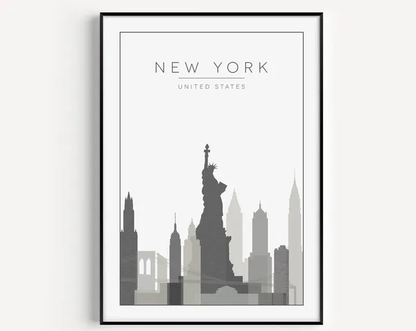 New York Grey Travel Poster, Wall Art Print