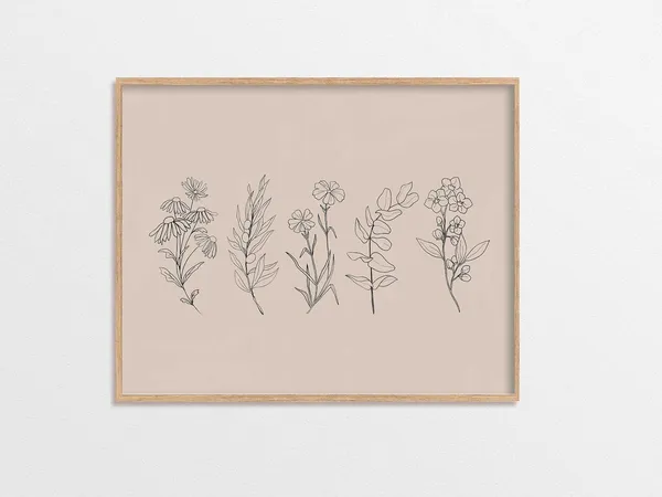 Floral Line Art Art Print, Neutral Minimalist
