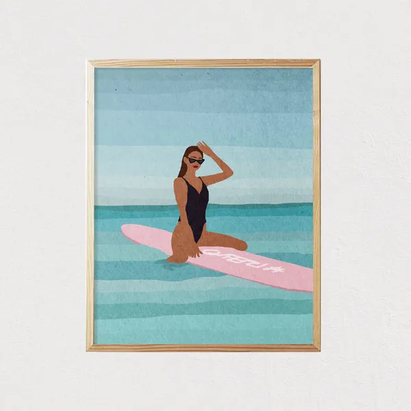 Beach Girl Surfing Board, Mid-Century Ocean Art Print