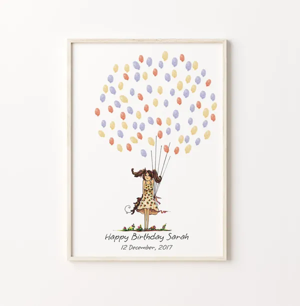 Baby Girl Guest Book, Birthday Fingerprint Balloon Art Print