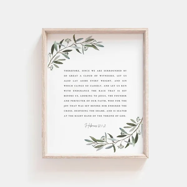 Hebrews 12:1-2 Bible Verse Print, Botanical Scripture
