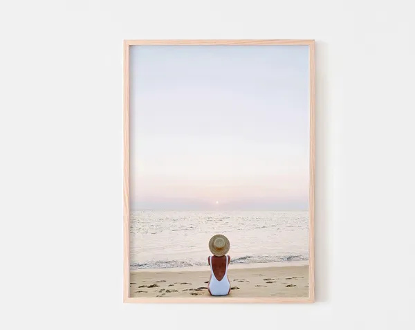 Woman on Beach Print, Modern Coastal Poster