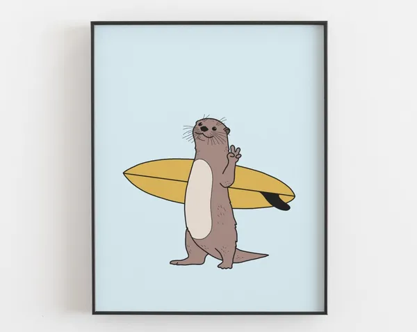 Surfing Otter Art Print, Beach House Decor