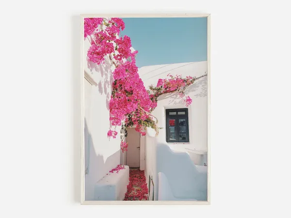 Santorini Greece Photography Art Print, Pink Bougainvillea