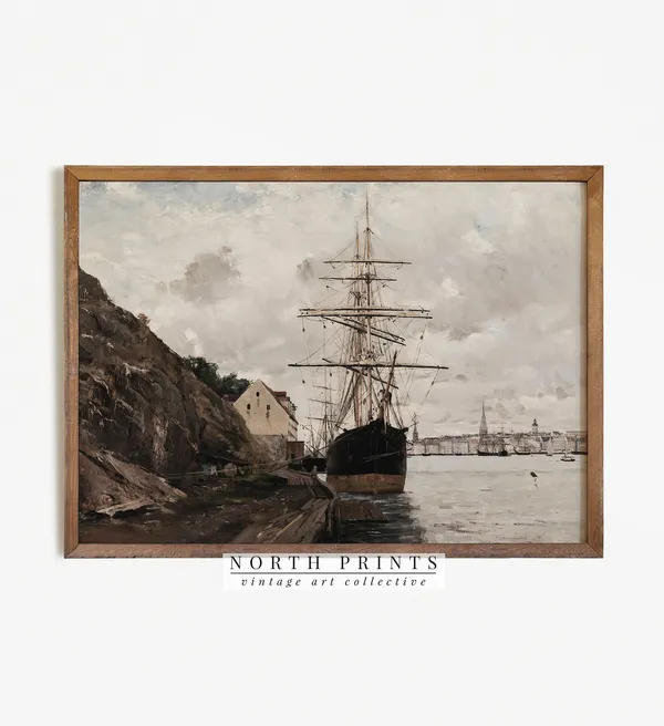 Vintage Nautical Ship Art Print, Moody Harbor