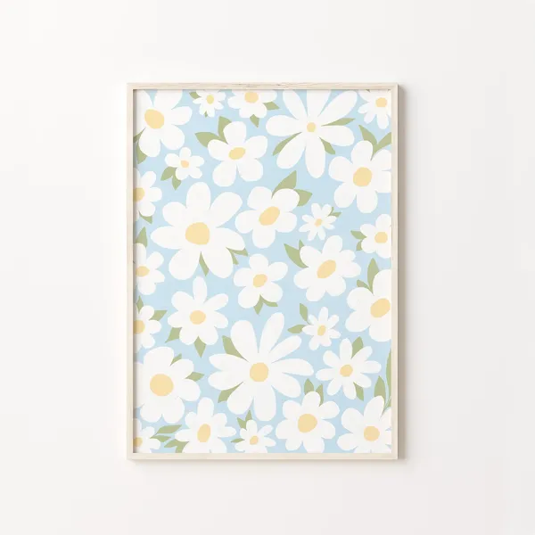 Boho Daisy Art Print, Sky Blue Floral Illustration