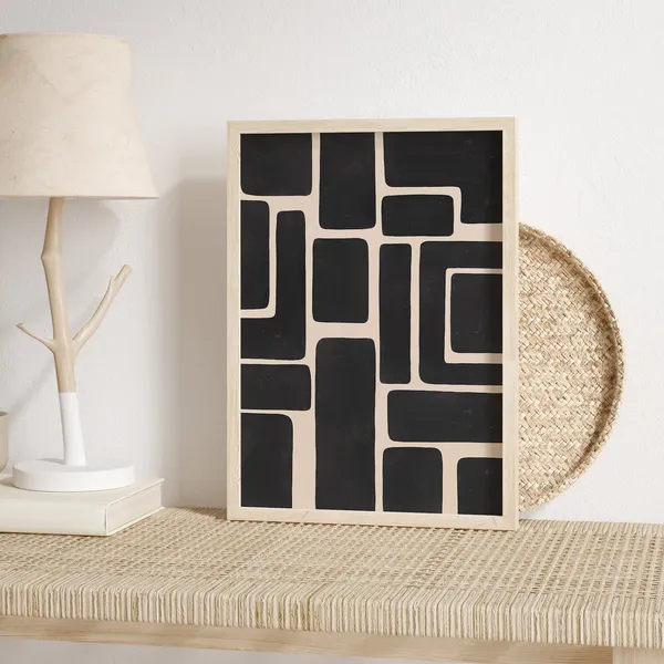 Geometric Shapes Black Beige Abstract Wall Art Print