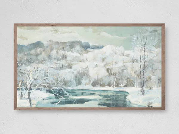 Icy Pond Painting Winter Christmas Art Print