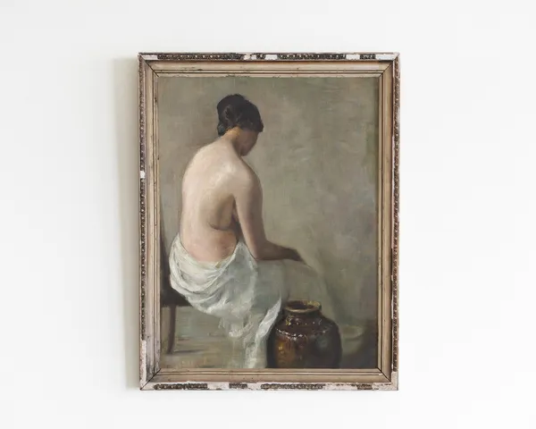 Vintage Nude Woman Portrait, Antique Oil Style Art Print