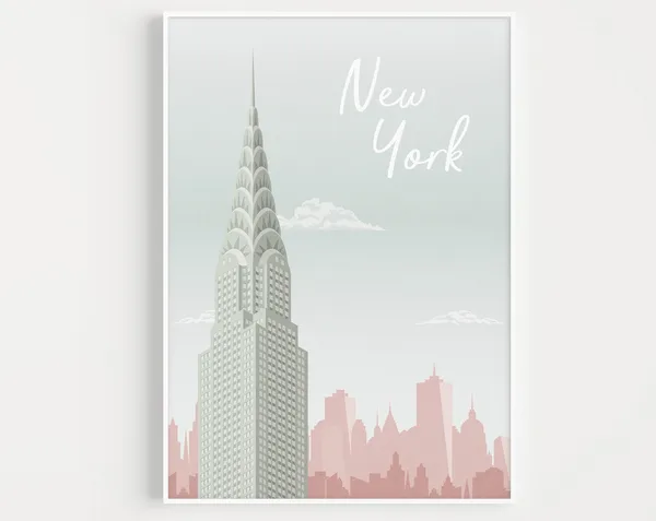 New York Travel Poster, Modern Pink and Blue