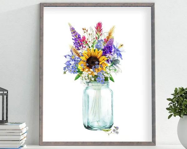 Wildflower Bouquet Mason Jar Farmhouse Art Print