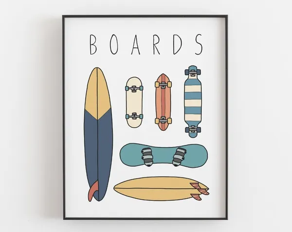 Boards Print: Colorful Surfboard Skateboard Poster