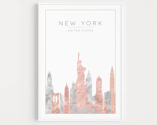 New York Minimalist Travel Poster, Pink Grey Prints