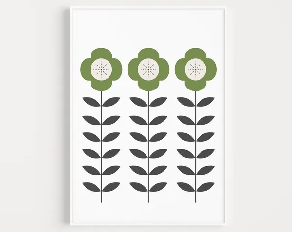 Folk Print Nordic Green Flower Art Print