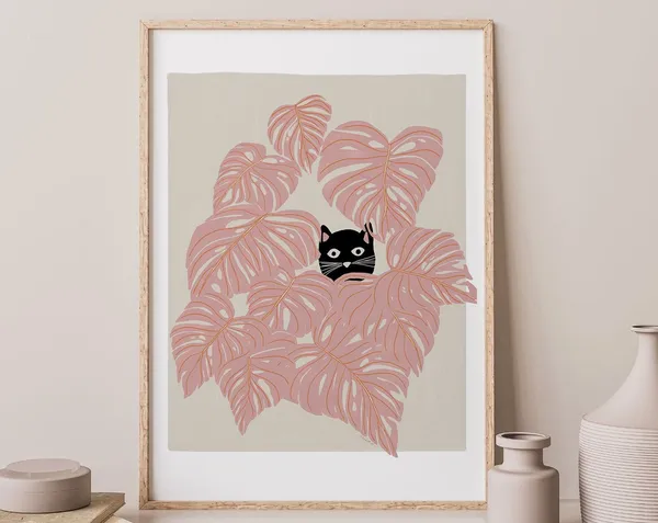 Peekaboo Cat Plant Art Print, Cute Neutral Decor