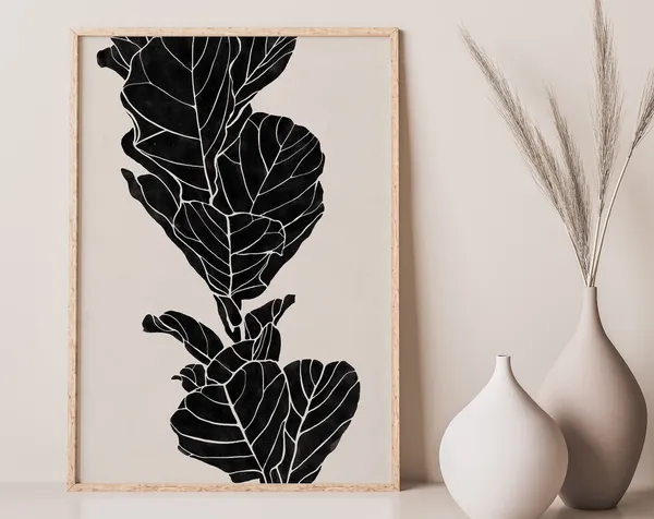 Leaves Drawing Beige Black Botanical Art Print