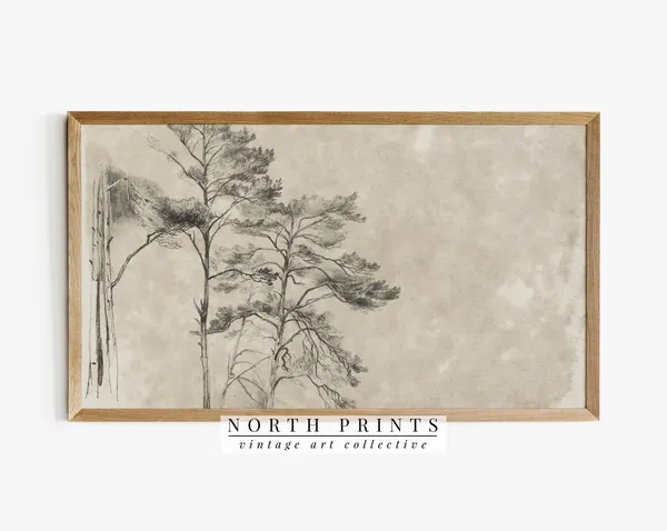 Tree Drawing Art Print, Neutral Vintage Rustic