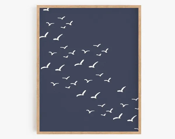 Seagull Print, Coastal Birds Flock Art Print