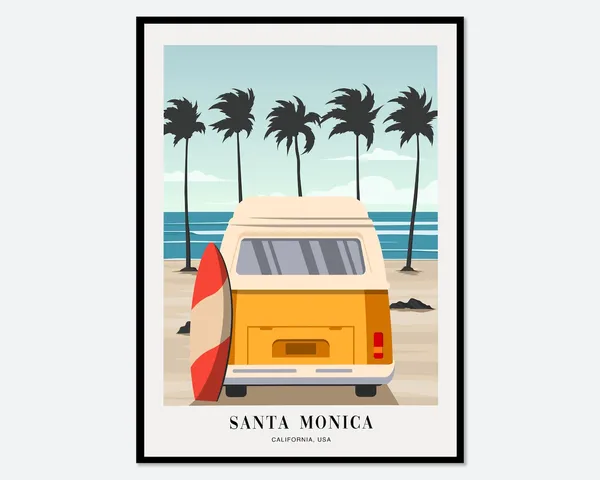 Vintage Camper Van by Beach in Santa Monica, Travel Poster
