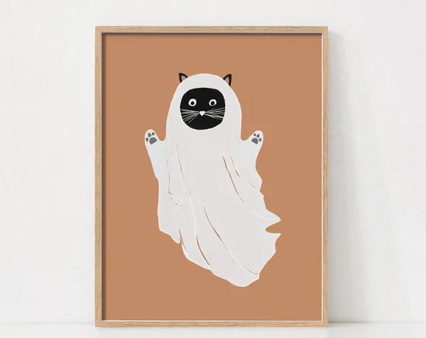 Halloween Cat Peekaboo Art Print, Holiday Decor