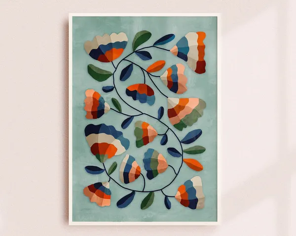 Flowers Folk Motif Art Print, Botanical Decor