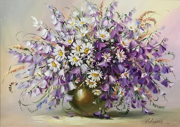 Purple Flowers Oil Painting, Daisies and Bluebells Art Print