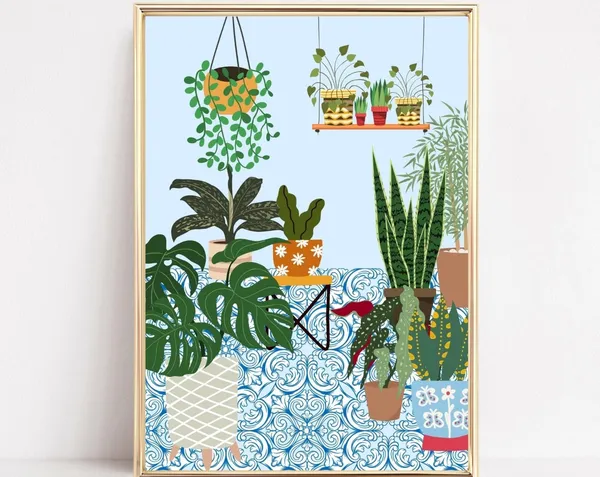 House Plant Art Print, Greek Tile Boho Botanical