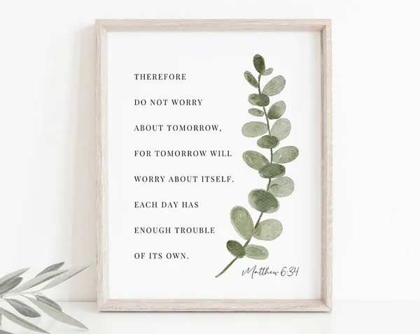 Matthew 6:34 Botanical Scripture Christian Art Print