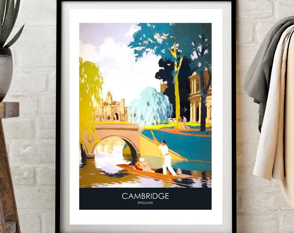 Cambridge Retro Travel Poster, River Cam Punting Print