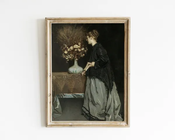 Vintage Woman Portrait, Autumn Floral Art Print