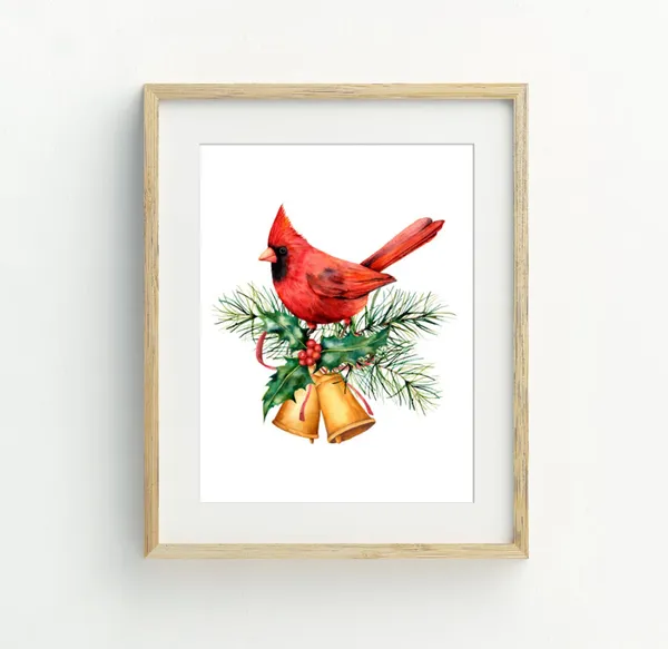 Red Cardinal Christmas Art Print, Holiday Decor