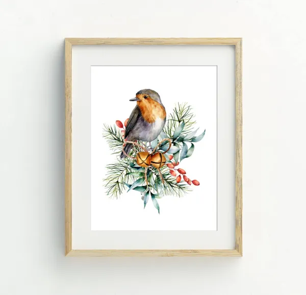 Christmas Robin Art Print, Holiday Wall Decor