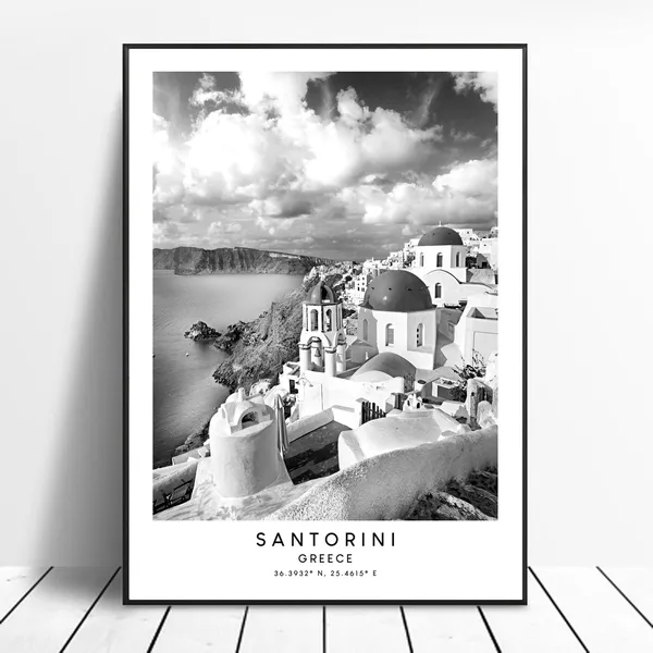 Santorini Travel Poster, Black and White Europe View
