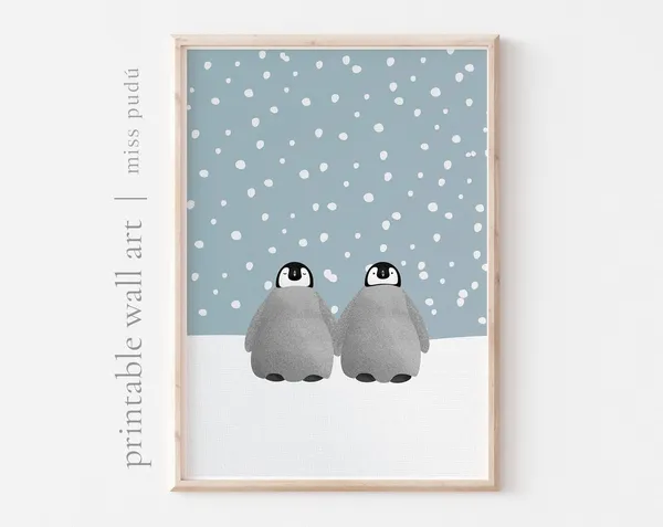 Emperor Penguins Winter Illustration Art Print, Nursery Decor