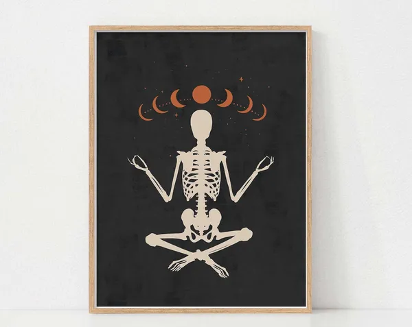 Halloween Yoga Skeleton Rustic Vintage Art Print