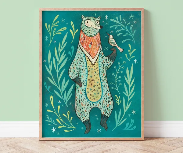 Bear And Bird Art Print, Woodland Animals Kids Room