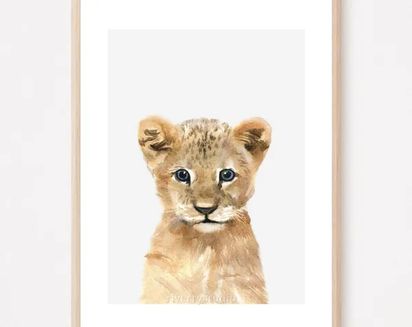 Watercolor Lion Cub Nursery Art Print, Baby Animal