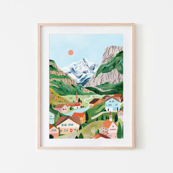 Switzerland Mountain Travel Poster, Grindelwald Lauterbrunnen