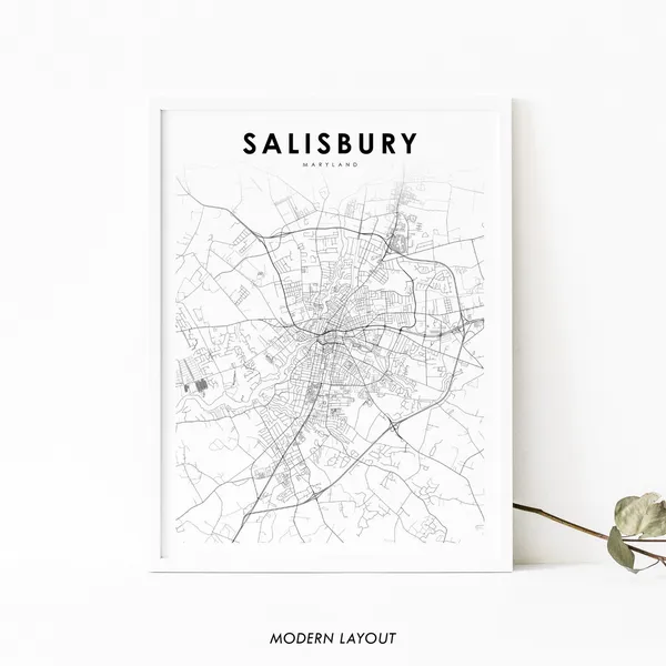 Salisbury MD Map Print, Minimalist Maryland Poster