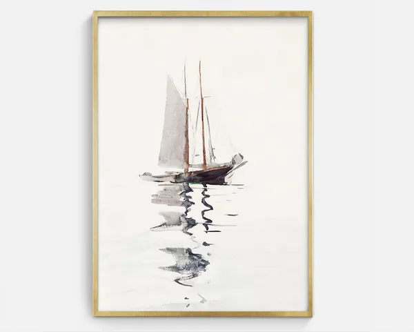 Vintage Watercolor Sailboat Art Print, Nautical Sketch
