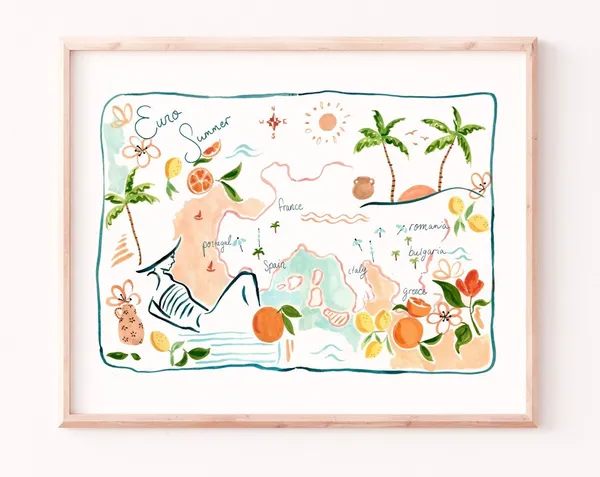 Euro Summer Map Art Print, Abstract Gouache Painting