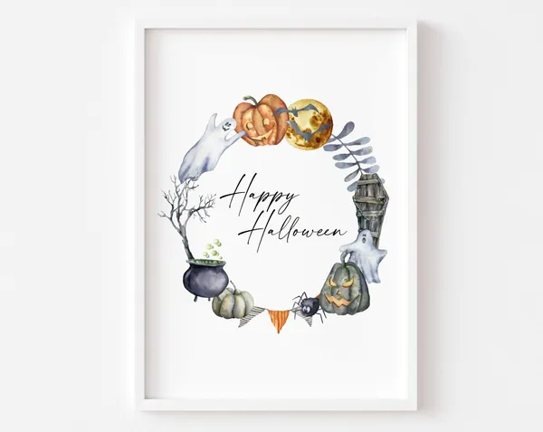 Halloween Wreath Happy Sign Pumpkin Art Print