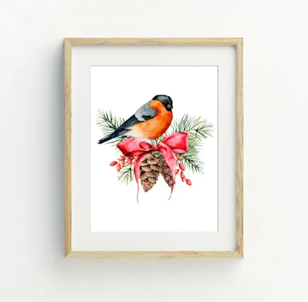 Christmas Finch Art Print, Holiday Bird Wall Art