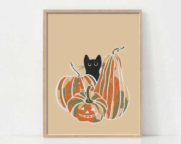 Pumpkin And Cat Halloween Fall Poster Print
