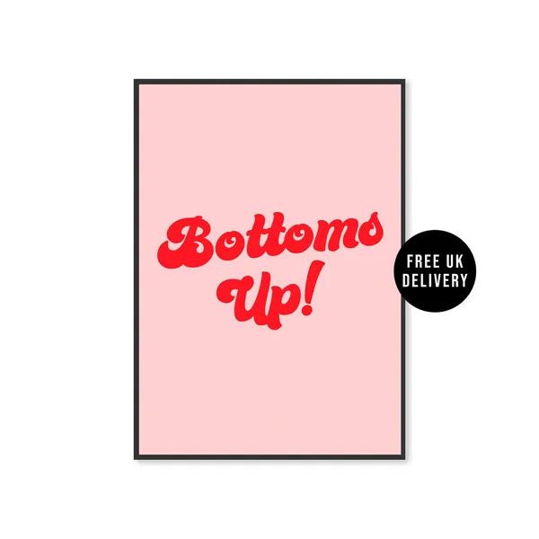 Bottoms Up Typography Art Print, Retro Bar Cart