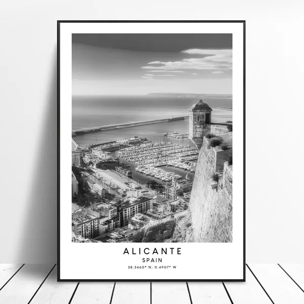 Alicante Spain Black and White City Travel Poster