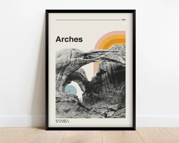Arches National Park Retro Travel Poster, Utah Mountains